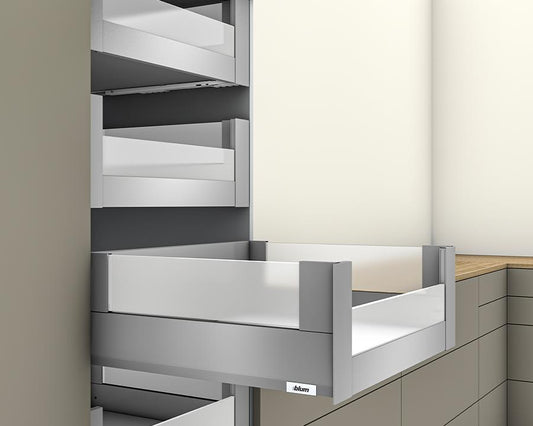 Blum MERIVOBOX 550 mm inner drawer BOXCOVER with low-glass side panels, Indium Grey finish, 192 mm height, 70 kg load capacity — for 1200 mm kitchen cabinet