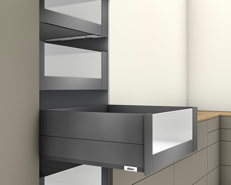 Blum MERIVOBOX modular E Height 192mm Inner Drawer BOXCAP with High Glass Design Element 600mm with BLUMOTION in Orion Grey 70kg. To suit 600mm wide cabinet by W&B
