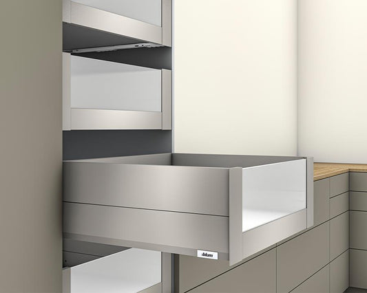Blum MERIVOBOX 450 mm inner drawer BOXCAP with high‑glass side panels, Indium Grey steel sides, 192 mm height, 70 kg load capacity — for 600 mm kitchen/base cabinet