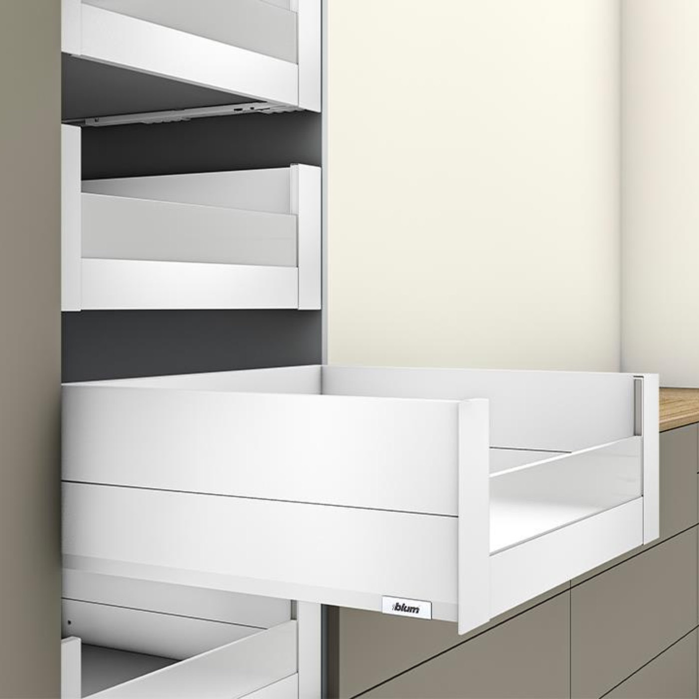 Blum MERIVOBOX modular E Height 192mm Inner Drawer BOXCAP with Low Glass Design Element 600mm with BLUMOTION in Silk White 40kg. To suit 600mm wide cabinet by W&B