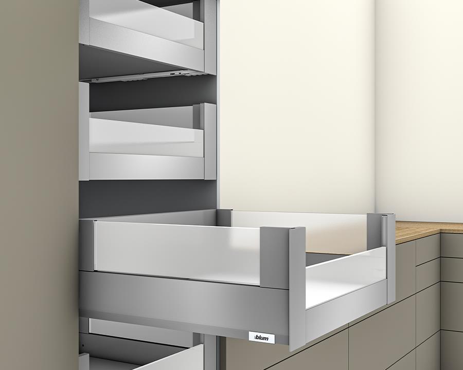 Blum MERIVOBOX modular E Height 192mm Inner Drawer BOXCOVER with Low Glass Design Element 450mm with BLUMOTION in Indium Grey 70kg. To suit 600mm wide cabinet by W&B