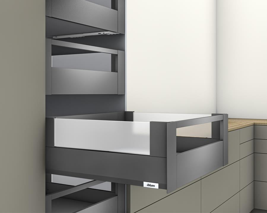 Blum MERIVOBOX modular E Height 192mm Inner Drawer BOXCOVER with Gallery Rail 550mm with BLUMOTION in Orion Grey 70kg by W&B