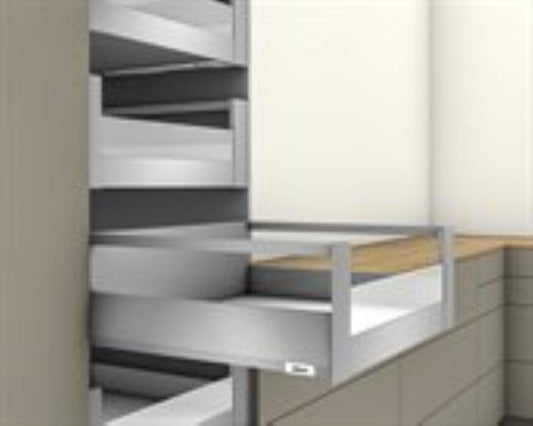 Blum MERIVOBOX 450 mm inner drawer gallery with low‑glass side panels, Indium Grey finish, 192 mm height, 40 kg load capacity — designed for 600 mm wide kitchen cabinet