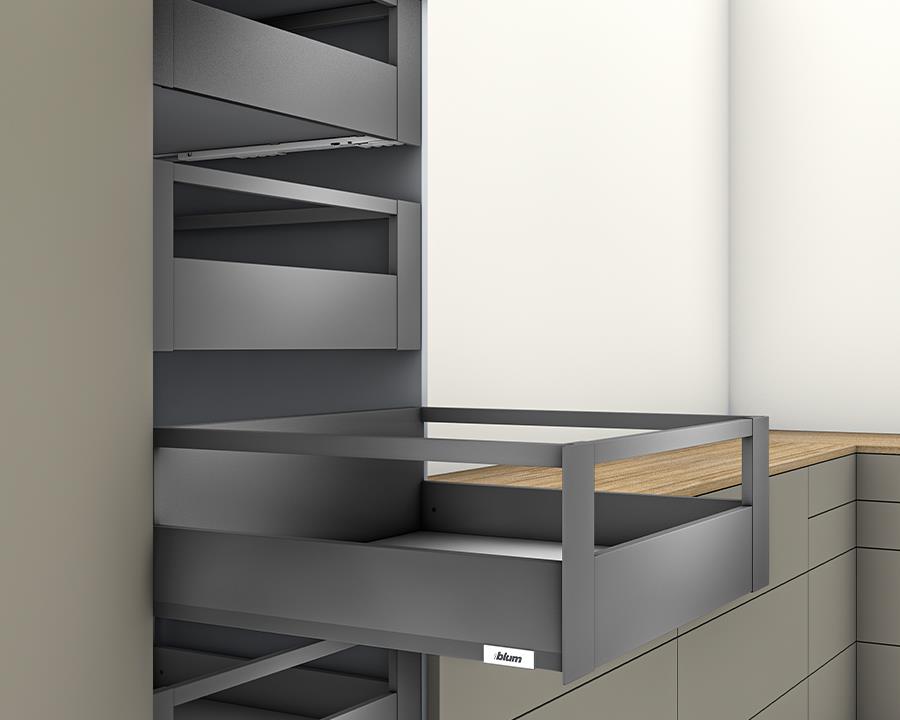 Blum MERIVOBOX modular E Height 192mm Inner Drawer Gallery with Front Gallery Rail 600mm with BLUMOTION in Orion Grey 40kg by W&B