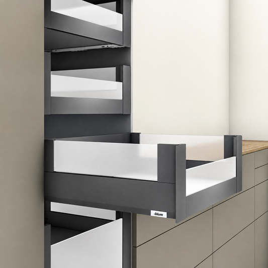 Blum MERIVOBOX 192mm inner drawer BOXCOVER with low glass design element, 550mm, Orion Grey, 40kg, for 600mm cabinet