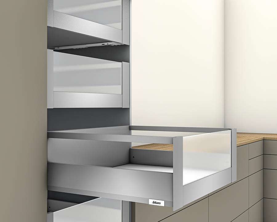 Blum MERIVOBOX E Height inner drawer gallery with high glass design element, 500mm BLUMOTION soft‑close runner, Indium Grey 70kg, fits 1200mm cabinet