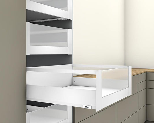 Blum MERIVOBOX E Height inner drawer gallery with high glass design element, 600mm BLUMOTION soft‑close runner, Silk White 40kg, fits 600mm cabinet