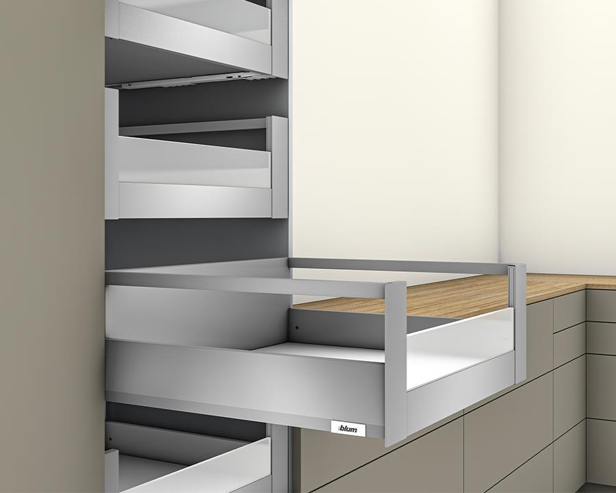 Blum MERIVOBOX modular E Height 192mm Inner Drawer Gallery with Low Glass Design Element 600mm with BLUMOTION in Indium Grey 40kg. To suit 1200mm wide cabinet by W&B