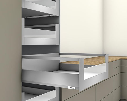 Blum MERIVOBOX E Height 192mm inner drawer gallery with low glass design element, 600mm BLUMOTION soft‑close runner, Indium Grey 40kg, fits 1200mm cabinet