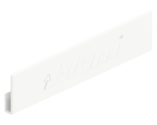 Blum MERIVOBOX external cover cap in silk white for drawer systems, metal hardware finishing accessory