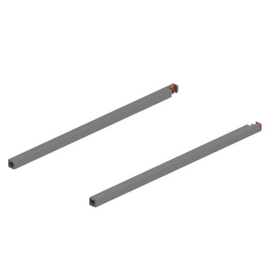 Blum MERIVOBOX 600mm gallery rail set in indium grey for high fronted drawers, premium drawer hardware for cabinetry