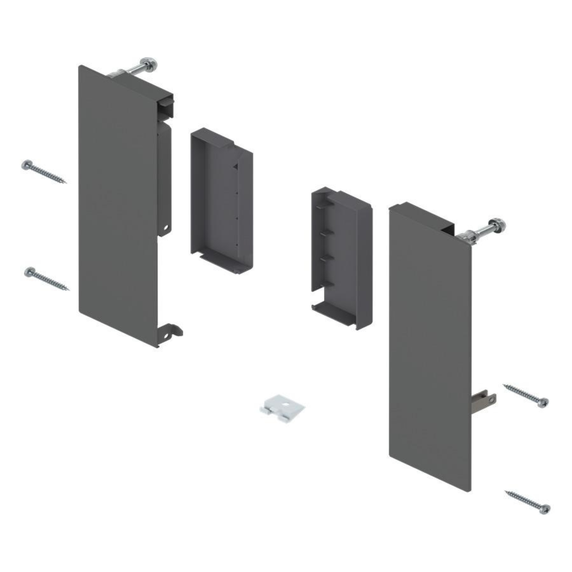 Blum MERIVOBOX inner drawer E height front fixing brackets for gallery in Orion Grey ZI4-2ES1, steel drawer front mounting hardware for kitchen and cabinetry systems