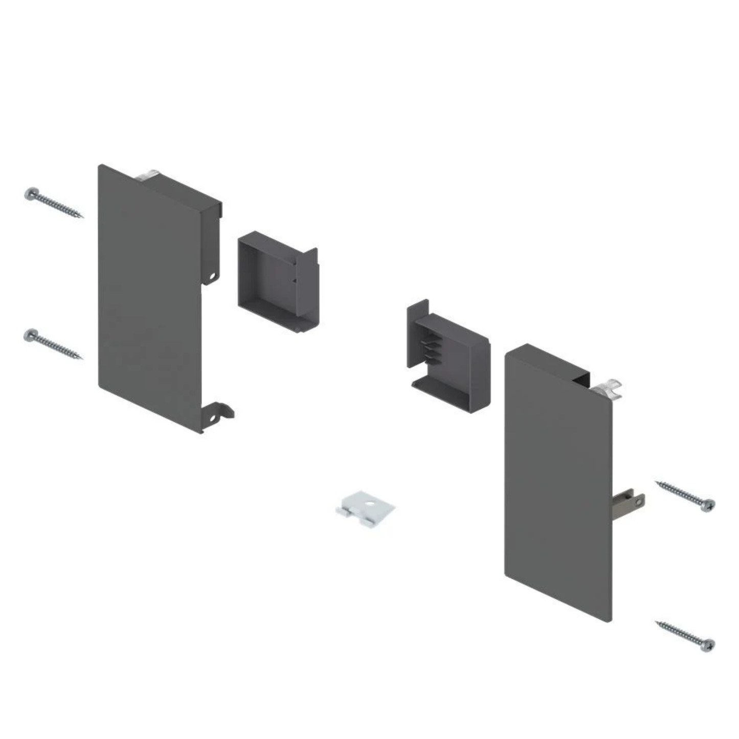 Blum MERIVOBOX inner drawer K height front fixing brackets in Orion Grey ZI4‑1KS1, drawer front mounting hardware for kitchen and cabinetry systems