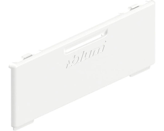 Blum MERIVOBOX internal cover cap in silk white for drawer systems, premium metal hardware finishing component