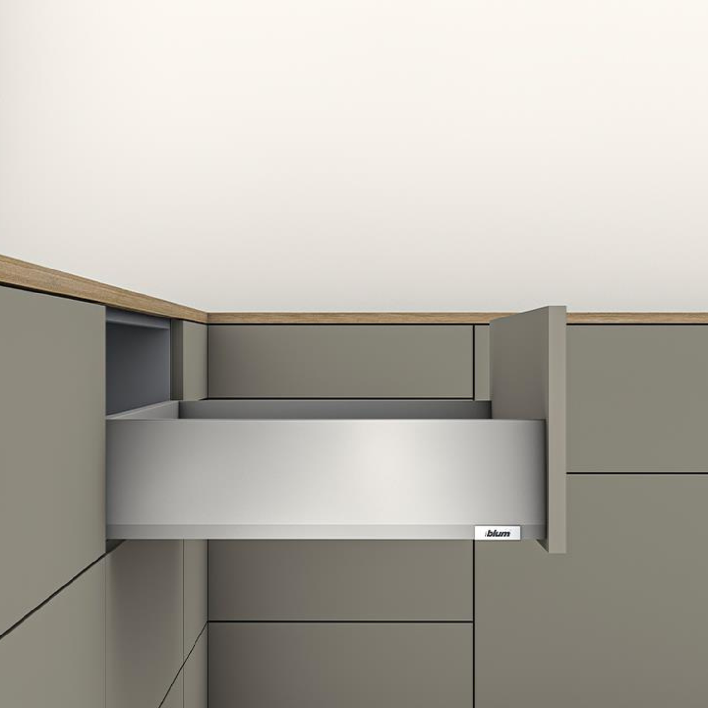 Blum MERIVOBOX 500 mm Indium Grey K‑Height (129 mm) full‑extension metal drawer with TIP‑ON BLUMOTION soft‑close, heavy‑duty 70 kg load capacity
