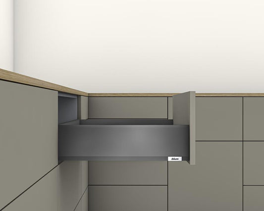 Blum MERIVOBOX K‑height 129 mm 500 mm full‑extension drawer in Orion Grey with BLUMOTION soft‑close, 40 kg capacity 