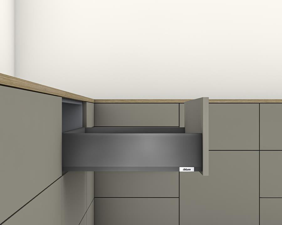 Blum MERIVOBOX K‑height 129 mm 500 mm full‑extension drawer in Orion Grey with BLUMOTION soft‑close, 70 kg capacity 