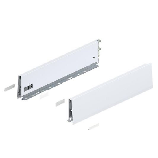 Blum MERIVOBOX K height drawer sides 400mm in silk white, premium metal drawer hardware with integrated soft‑close system