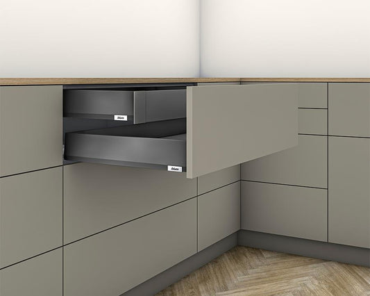 Blum MERIVOBOX M 550mm inner drawer in Orion Grey, 91mm height, 40kg load capacity, featuring smooth BLUMOTION soft-close for modern kitchen and office cabinetry by Wilson and Bradley