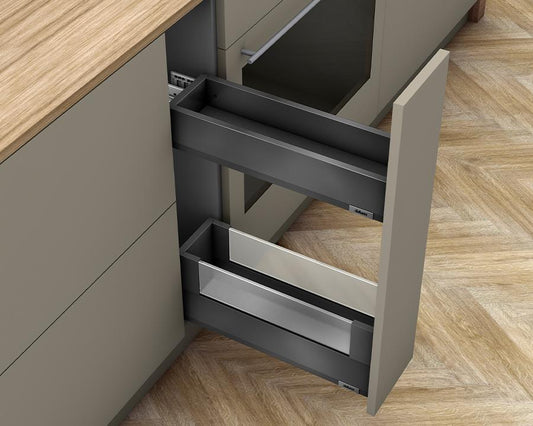 Blum MERIVOBOX M E-Height Space Twin drawer 500mm in Orion Grey with Boxcover, BLUMOTION soft-close, 40kg load capacity, modular kitchen storage solution