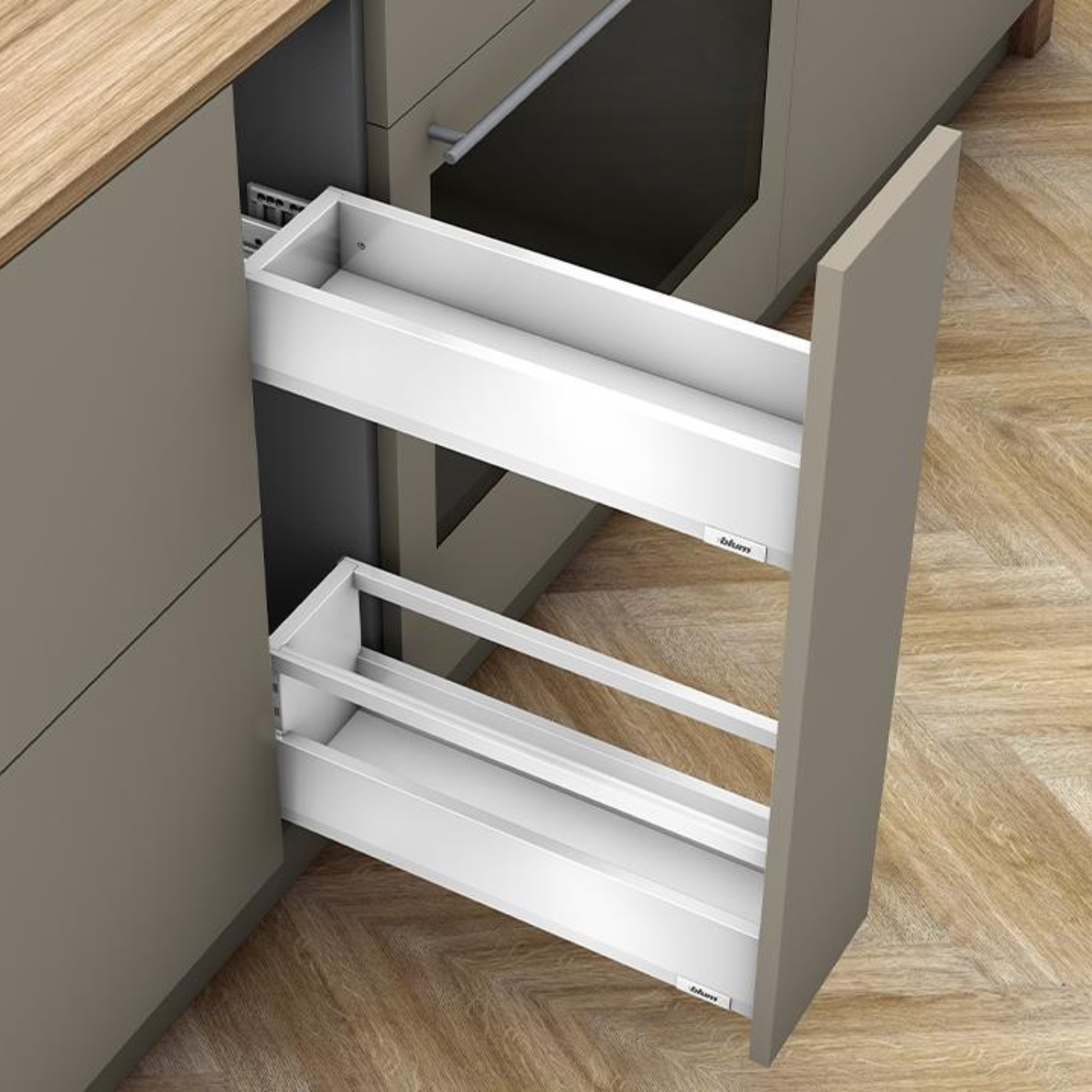 Blum MERIVOBOX SPACE TWIN 450 mm drawer with single‑gallery rail in Silk White — full‑extension metal drawer with BLUMOTION soft‑close, slim‑side profile, 40 kg load capacity, by Wilson and Bradley