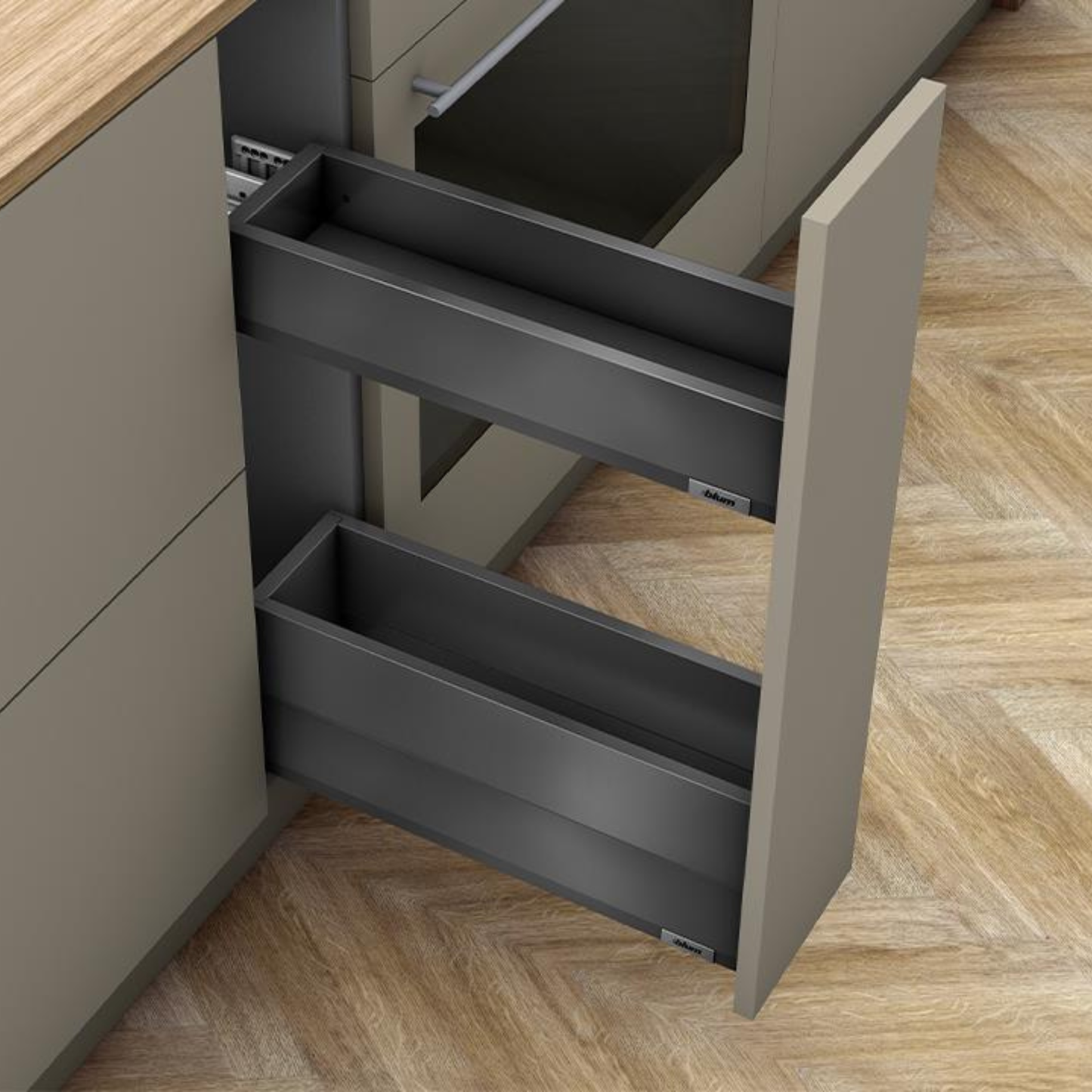 Blum MERIVOBOX SPACE TWIN 450 mm drawer with BOXCAP in Orion Grey, 40 kg load capacity, soft‑close BLUMOTION kitchen drawer system