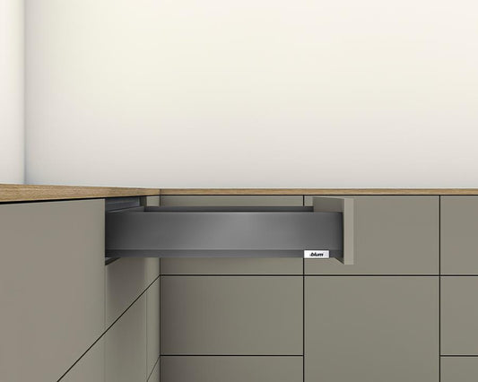 Blum MERIVOBOX M‑height 91 mm 270 mm full‑extension drawer Orion Grey with BLUMOTION soft‑close, 40 kg load capacity