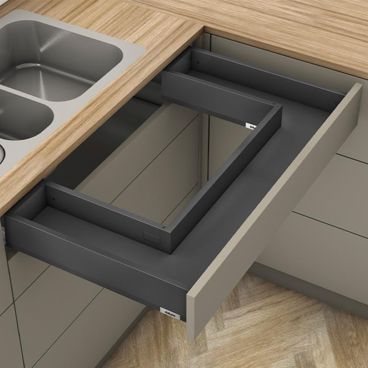 Blum MERIVOBOX 450 mm M‑height sink drawer in Orion Grey finish, soft‑close BLUMOTION, 91 mm drawer side, 70 kg load capacity