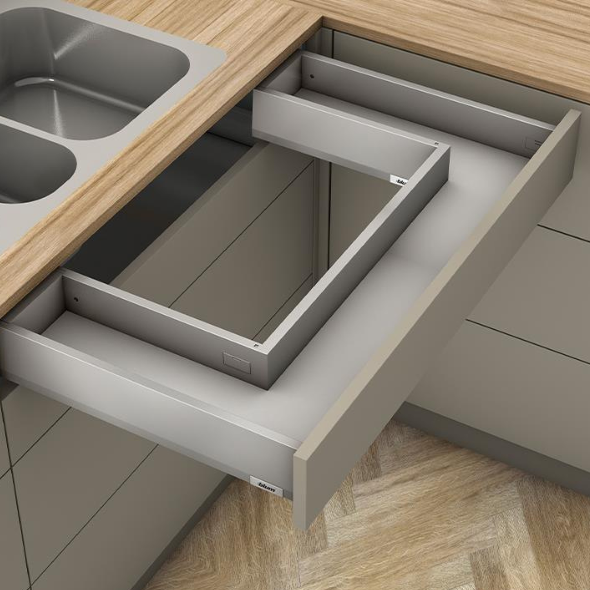 Blum MERIVOBOX 500 mm M‑height sink drawer in Indium Grey, soft‑close BLUMOTION steel drawer system, 91 mm side height, 40 kg load capacity