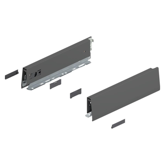 Blum MERIVOBOX M height drawer sides in Orion Grey, 600mm, premium metal drawer system components for modern kitchen and cabinetry