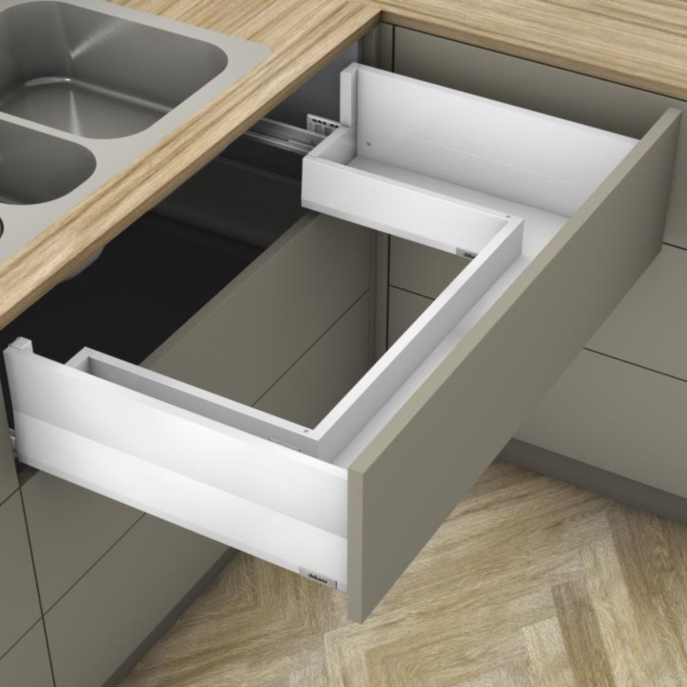 Blum MERIVOBOX modular E Height 192mm Sink Drawer with BOXCAP 550mm with BLUMOTION in Silk White 40kg by W&B