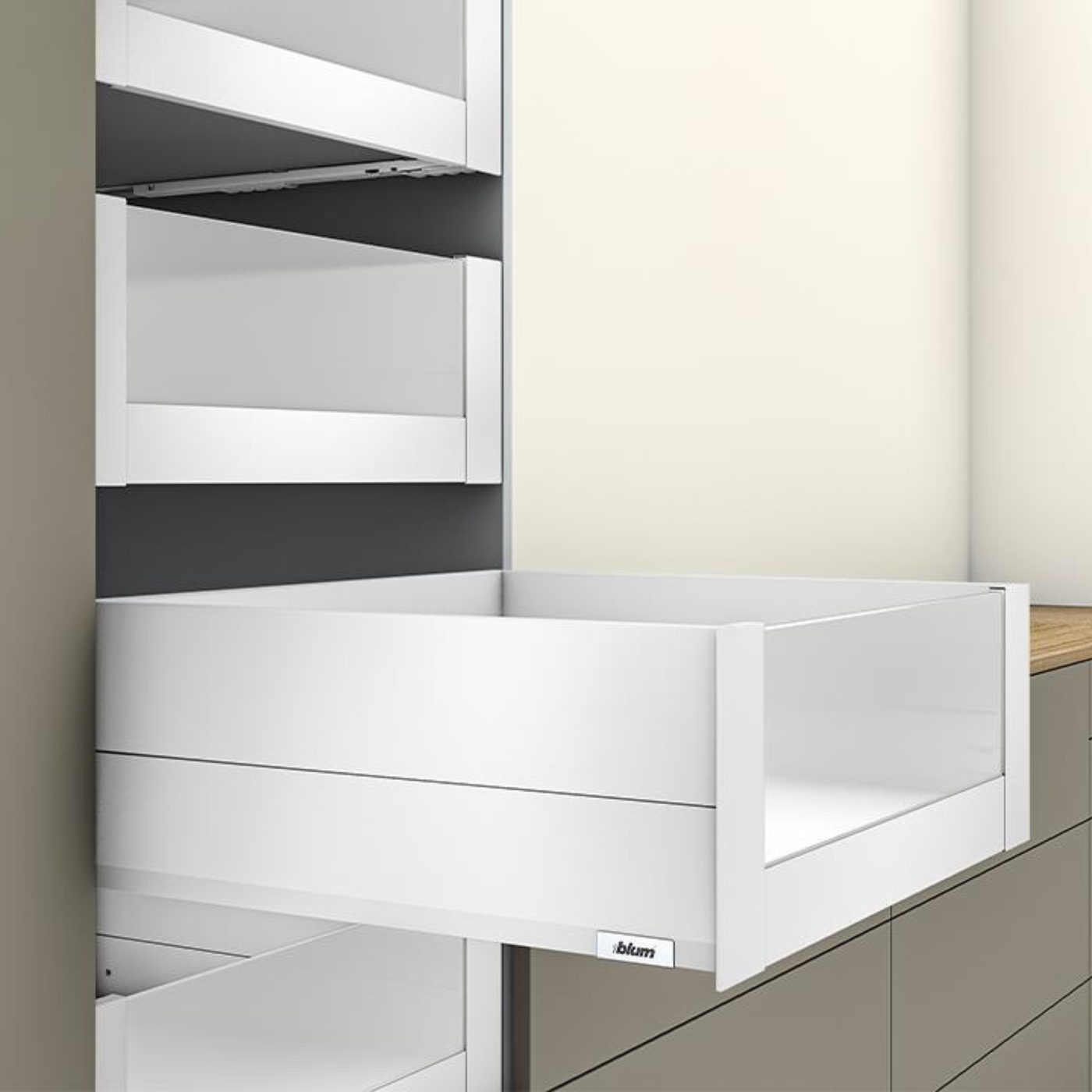 Blum MERIVOBOX modular E Height 192mm Inner Drawer BOXCAP with High Glass Design Element 500mm with BLUMOTION in Silk White 40kg. To suit 600mm wide cabinet by W&B