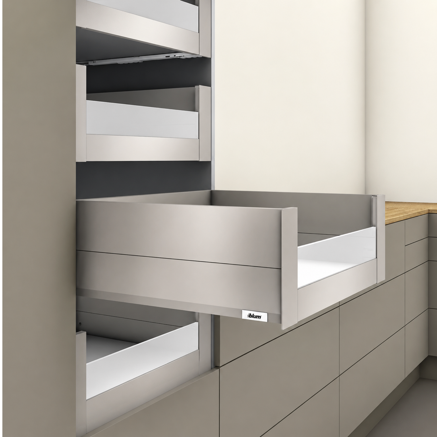 Blum MERIVOBOX modular E Height 192mm Inner Drawer BOXCAP with Low Glass Design Element 600mm with BLUMOTION in Indium Grey 70kg. To suit 1200mm wide cabinet by W&B