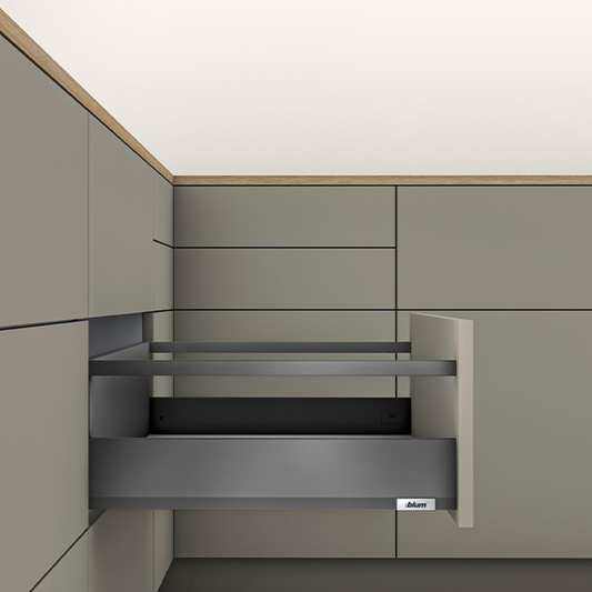 Blum MERIVOBOX E‑height 192 mm 350 mm single‑gallery rail drawer Orion Grey steel sides with TIP‑ON BLUMOTION soft‑close system
