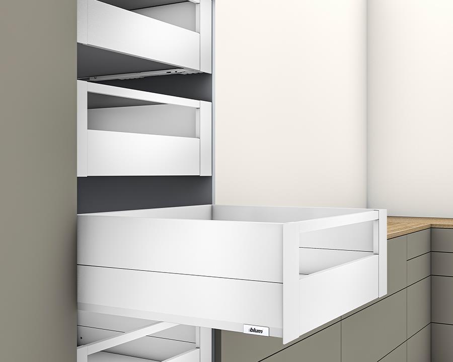 Blum MERIVOBOX modular E Height 192mm Inner Drawer BOXCAP with Gallery Rail 350mm with BLUMOTION in Silk White 40kg by W&B