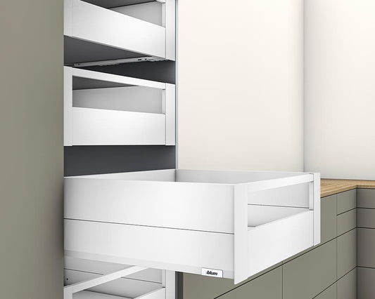 Blum MERIVOBOX 192 mm E‑Height BOXCAP inner drawer, 500 mm gallery rail, Silk White finish, soft‑close BLUMOTION full‑extension drawer, 70 kg load capacity by Wilson and Bradley
