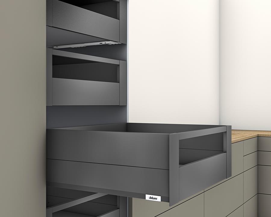 Blum MERIVOBOX modular E Height 192mm Inner Drawer BOXCAP with Gallery Rail 600mm with BLUMOTION in Orion Grey 70kg by W&B