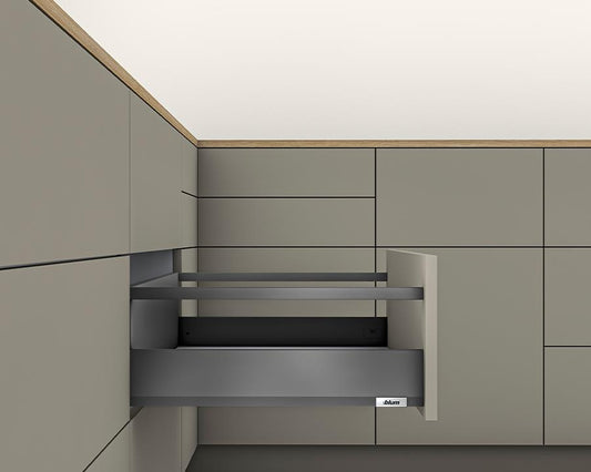 Blum MERIVOBOX E‑height 192 mm 270 mm full‑extension drawer in Orion Grey with BLUMOTION soft‑close, 40 kg capacity
