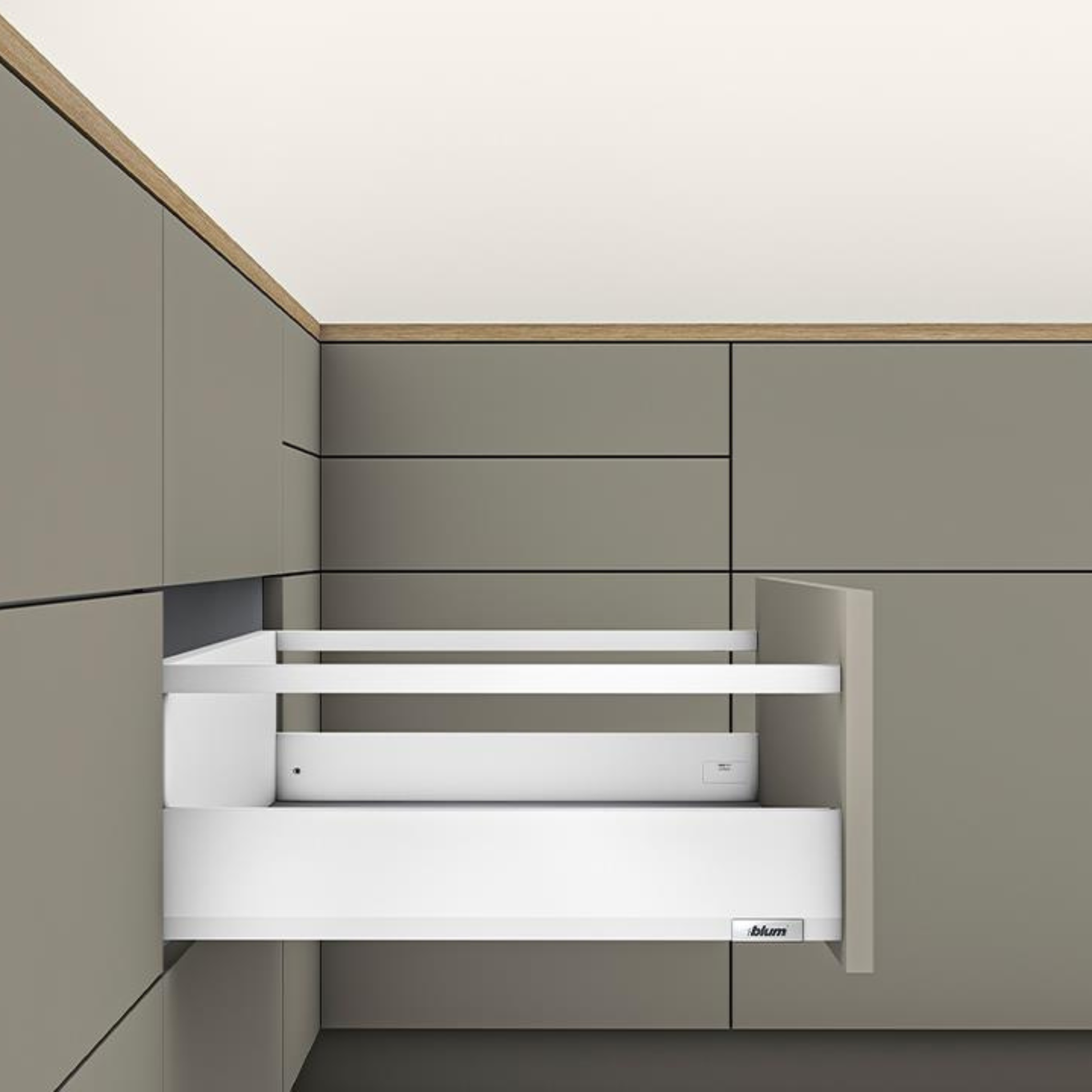 Blum MERIVOBOX Modular E height 192 mm single gallery rail drawer 450 mm with BLUMOTION soft‑close in silk white, 40 kg load capacity