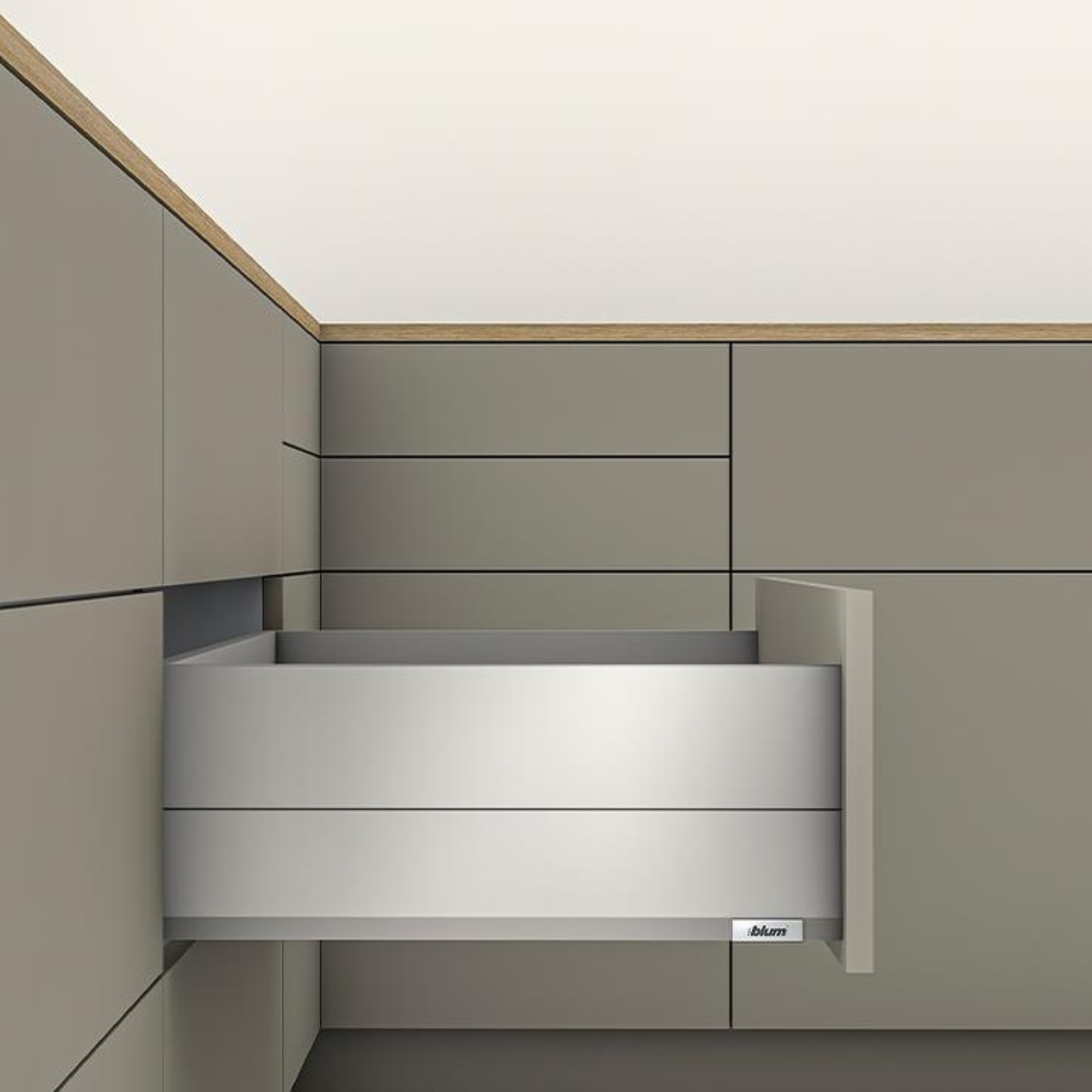 Blum MERIVOBOX modular 350mm boxcap drawer in indium grey with TIP‑ON BLUMOTION soft‑close, E height 192mm, 40kg load capacity