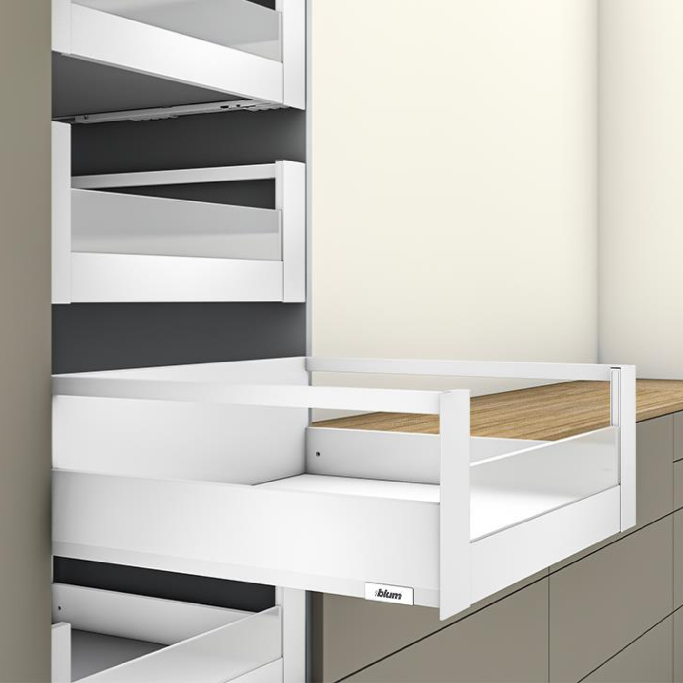 Blum MERIVOBOX modular E Height 192mm Inner Drawer Gallery with Low Glass Design Element 500mm with BLUMOTION in Silk White 40kg. To suit 1200mm wide cabinet by W&B