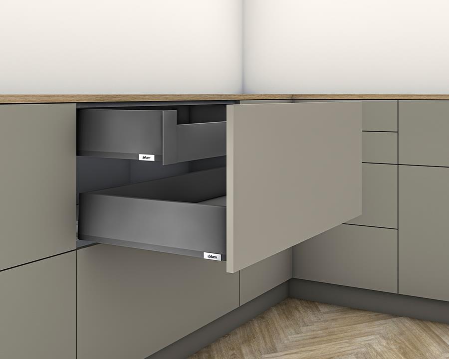 Blum MERIVOBOX 600 mm K‑height 129 mm inner drawer in Orion Grey with BLUMOTION soft‑close, 40 kg load capacity
