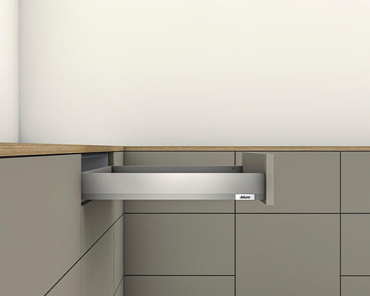 Blum MERIVOBOX N 450mm drawer in Indium Grey with 68.5mm height, 40kg load capacity, and smooth BLUMOTION soft-close, ideal for modern kitchen and office cabinetry by Wilson and Bradley
