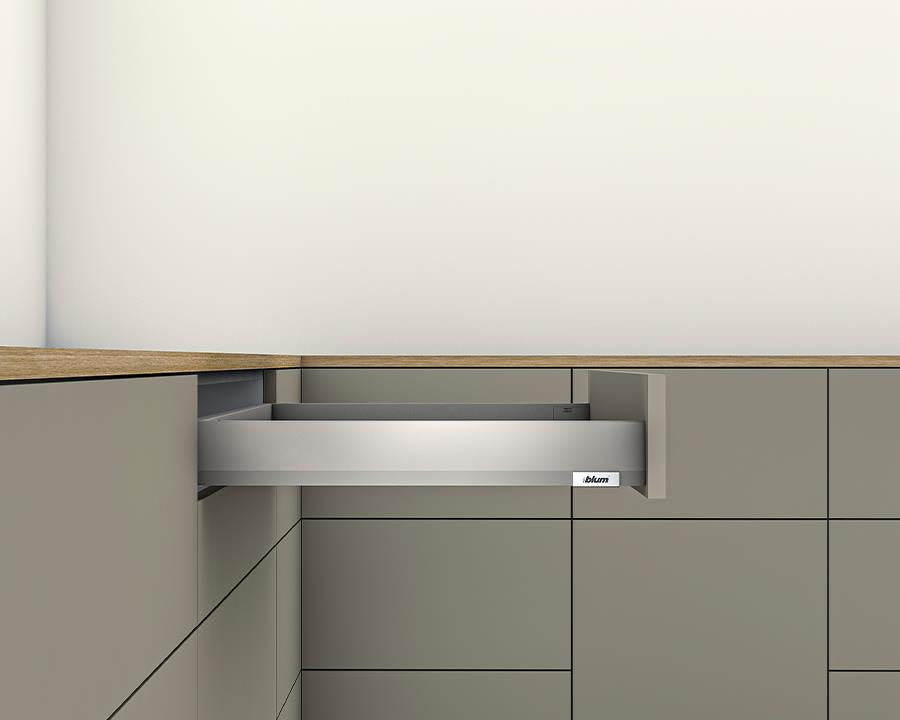 Blum MERIVOBOX N‑height 68.5 mm 500 mm full‑extension drawer in Indium Grey with BLUMOTION soft‑close, 70 kg capacity