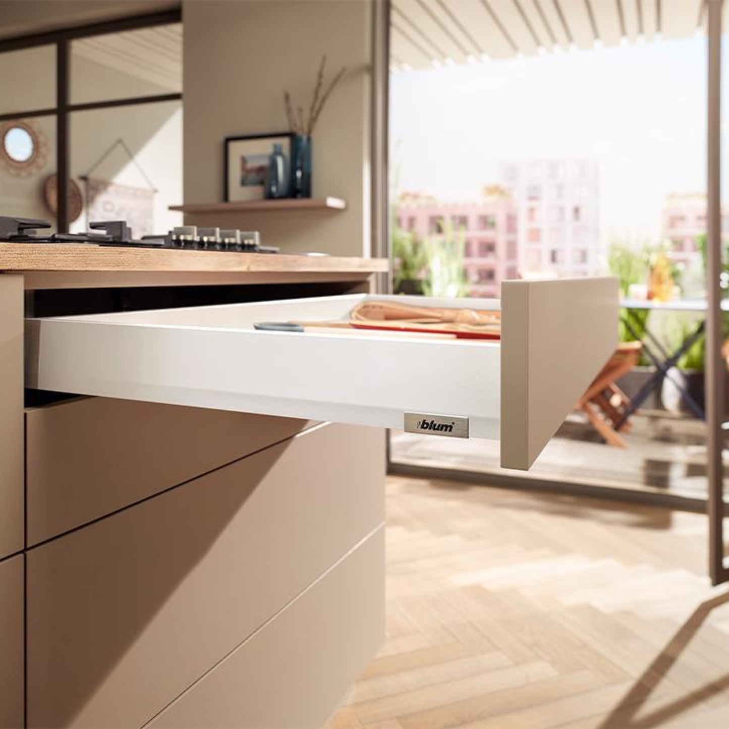 Blum MERIVOBOX N‑height 68.5 mm 500 mm drawer in Silk White with TIP‑ON BLUMOTION push‑to‑open soft‑close system and 70 kg load capacity cabinet drawer solution