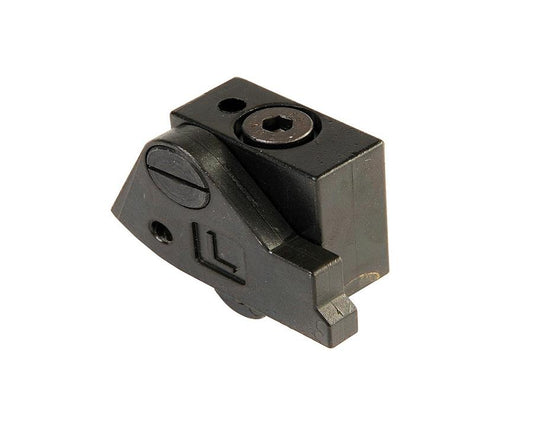 Blum MZS.2000 narrow left‑hand swivel stop for MINIPRESS/MINIDRILL drilling rulers, black nickel‑plated positioning stop