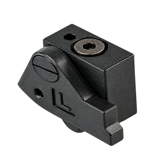 Blum MZS.2000 narrow left-hand swivel stop for MINIPRESS drilling machines, black nickel-plated positioning stop