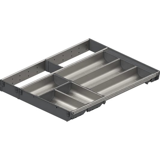 Blum ORGA-LINE cutlery and utensil divider set for TANDEMBOX drawers, 377mm wide and 500mm nominal length, for organised kitchen storage.