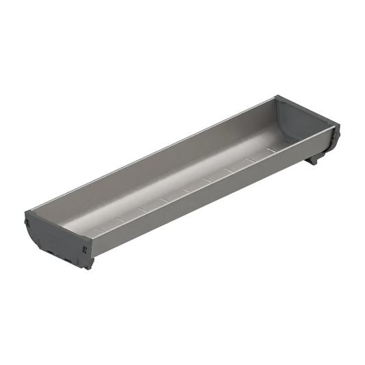 Blum ORGA-LINE drawer container with brushed stainless steel and dust grey finishes.