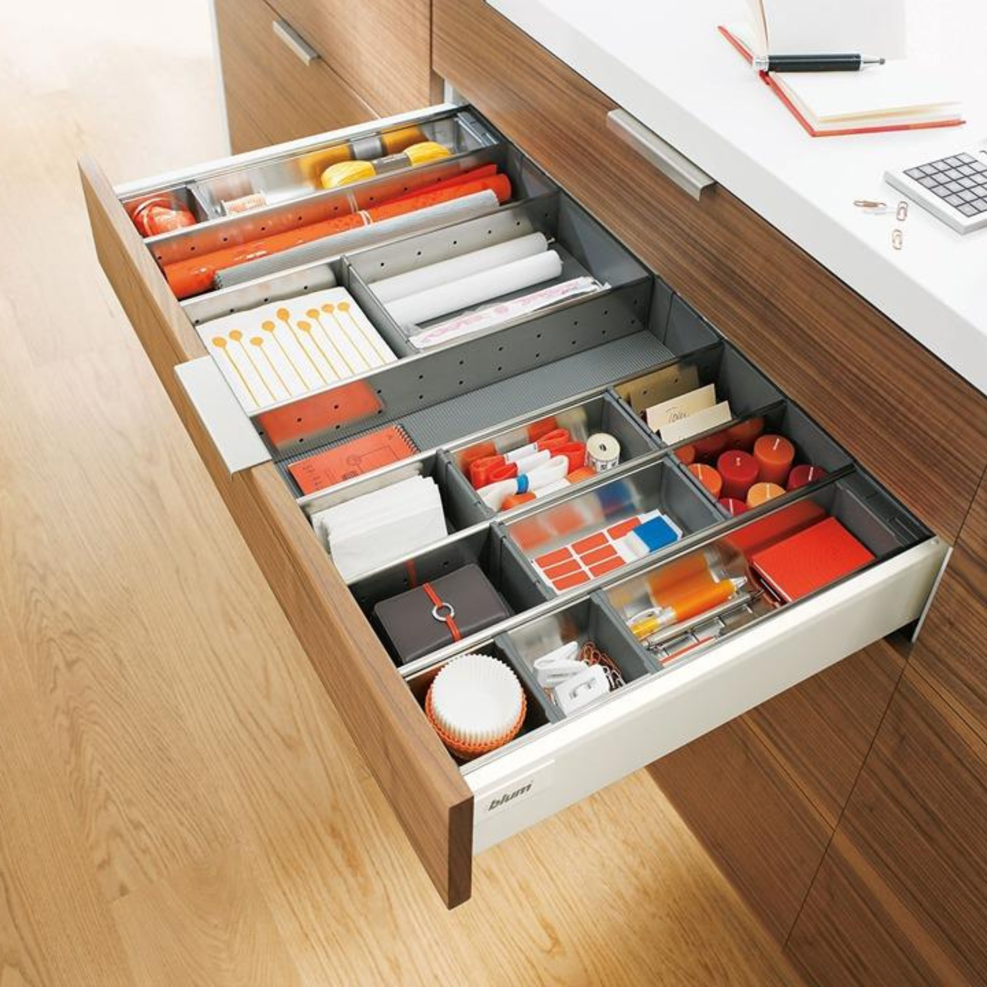 Blum ORGA‑LINE drawer insert container 264mm x 88mm in brushed stainless steel dust grey for drawer organisation